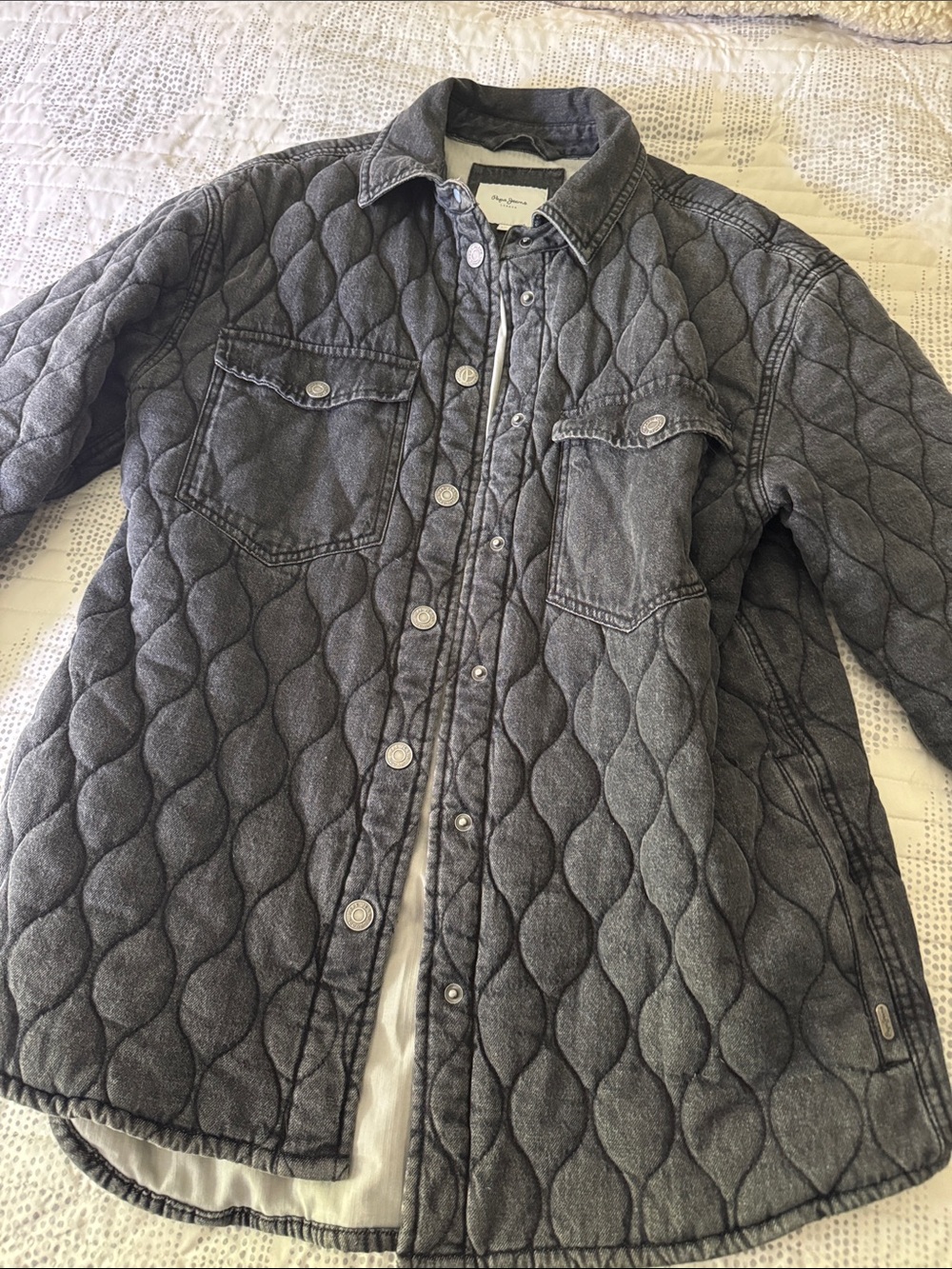 Quilted Dark Gray Denim Shacket Jacket - Women's Lightweight Button-Up - Picture 2 of 6